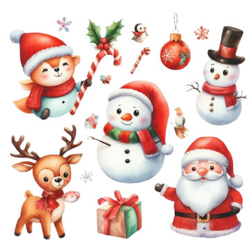 Christmas characters animals, snowmen, Santa Claus