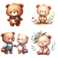 Cute bears, in cartoon style, on an isolated background. Watercolor animals, for holiday invitations, and postcards