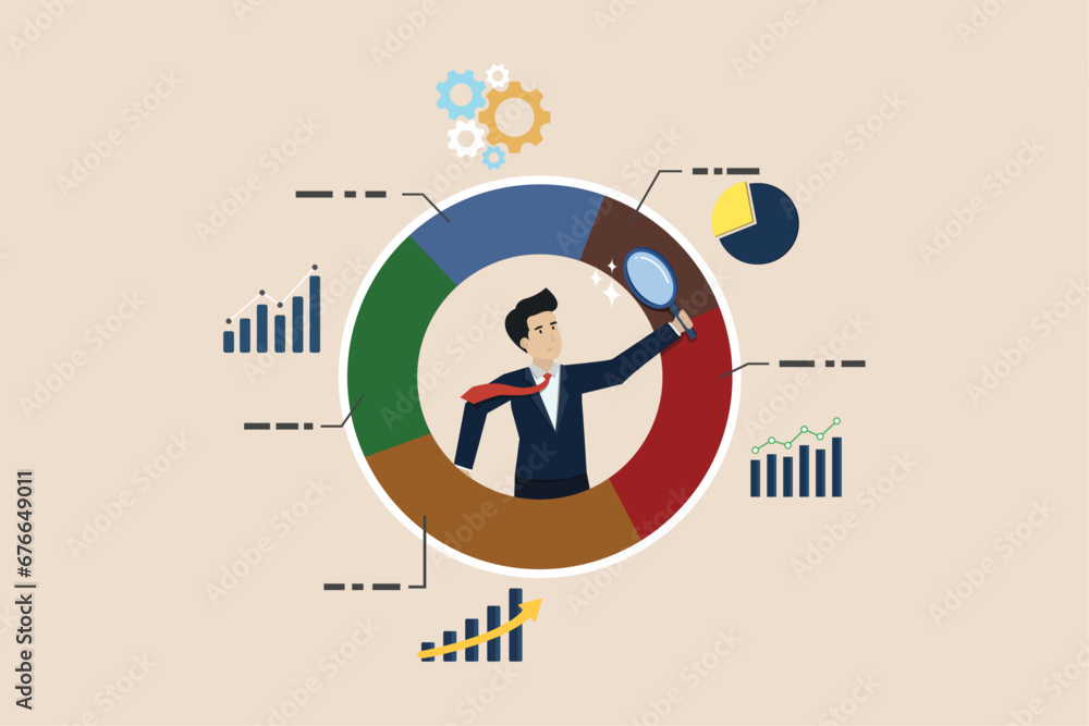 Poster analyzing data, charts and graphs or diagrams, database report or predictive visualization concept, 
