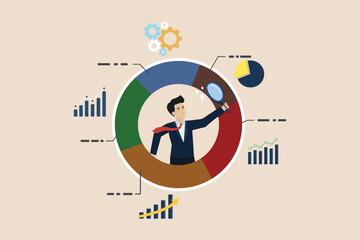 Analyzing data, charts and graphs or diagrams, database report or predictive visualization concept, businessman with magnifying glass analyzing pie chart data.