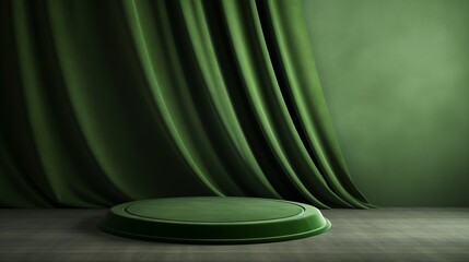 Green podium background fabric product curtain cloth cosmetic display 3D premium stand. Luxury podium pedestal studio background green presentation abstract fashion scene backdrop dark nature stage - obrazy, fototapety, plakaty