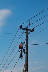 Electricity concept, Electricians Technician with hardhat and safety uniform checking repairing fixing electric wire on power pole. High voltage power lines and blue sky background.