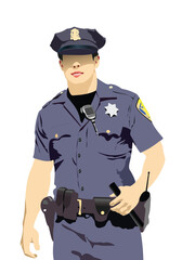 Policeman with walkie-talkie radio. Vector