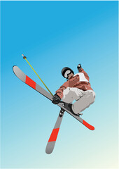 Slopestyle freestyle. Ski. 3d vector color