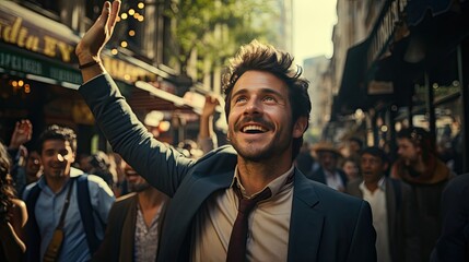 Joyful happy businessman in a suit waves his hand to people in a big city. Concept business finance office work career and success - obrazy, fototapety, plakaty