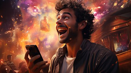 A happy man with a phone in his hands rejoices and emotionally screams in euphoria on an abstract bright multi-colored background - obrazy, fototapety, plakaty