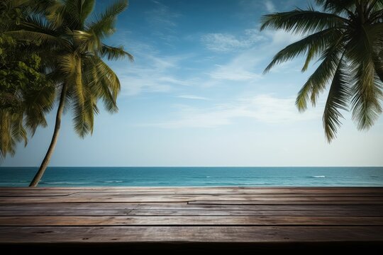 Wooden Table Over Blur Tropical Beach Background, Product Display Montage