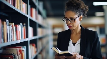 African American woman teacher with glasses studies material in textbook standing near shelves in library. Lady professor at university gains knowledge from book. Personality improvement at middle age - Powered by Adobe