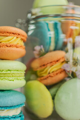 multicolored macarons cake in a glass jar on a light background. free space for text. almond flour.