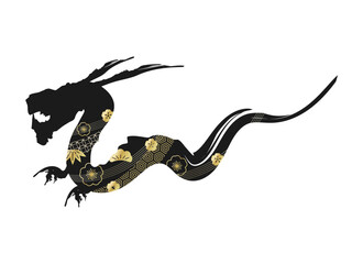 辰年の龍の黒色のシルエット　金色の和風の伝統文様のアイコン