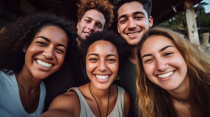 Obraz premium a group of young multiracial friends smile as they take a selfie enjoying their friendship and positive attitude towards a more inclusive life. 