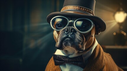 Dapper bulldog sports a monocle and a top hat. National dress up your pet day concept.