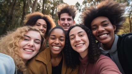 a group of young multiracial friends smile as they take a selfie enjoying their friendship and positive attitude towards a more inclusive life. 