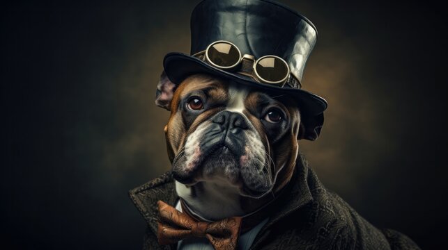 Dapper Bulldog Sports A Monocle And A Top Hat. National Dress Up Your Pet Day Concept.