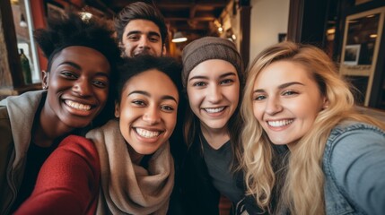 a group of young multiracial friends smile as they take a selfie enjoying their friendship and positive attitude towards a more inclusive life. 