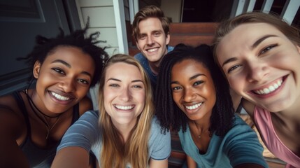 Obraz premium a group of young multiracial friends smile as they take a selfie enjoying their friendship and positive attitude towards a more inclusive life. 
