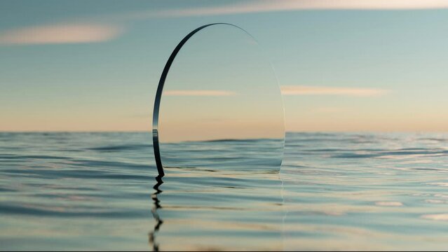 Wave sea beach and round mirror on sunset sky abstract background. Nature and summer concept. 3d render.	