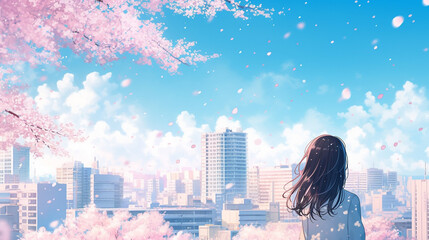 桜の咲く都会を眺める女性の後ろ姿