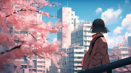 桜の咲く都会を眺める女性の後ろ姿