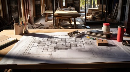 The blueprints of a residence on a worktable during the renovation, construction in progress. Generative ai - obrazy, fototapety, plakaty
