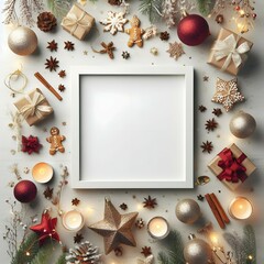 Fototapeta na wymiar Christmas Background frame blank copy space, Flat lay cozy White Christmas decorations square frame mockup with Christmas ornaments, glitter, Christmas tree and Christmas lights white background