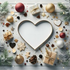 Christmas Background frame blank copy space, Flat lay cozy White Christmas decorations heart frame mockup with Christmas ornaments, glitter, Christmas tree and Christmas lights on white background