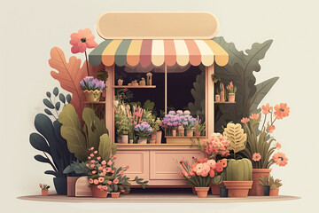 Fototapeta na wymiar A flower stall open with an awning with spring garden flowers in pots and tulips in buckets. illustration, postcard, icon, sticker, poster 