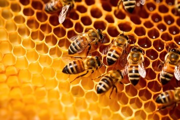 Working bee group works on honeycomb bringing honey on small paws. Hard-working bees bring honey filling honeycombs prepare stocks for winter to have food in cold. Hard work for large group of bees - obrazy, fototapety, plakaty