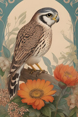 american kestrel silk tapestry embroidery, bird art digital