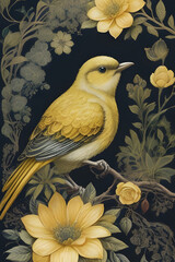 canary silk tapestry embroidery, bird art digital