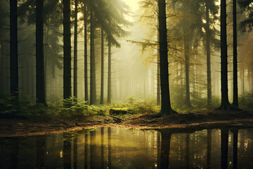 Forest in the morning with beautiful sun light for wallpaper, zoom meeting background and background