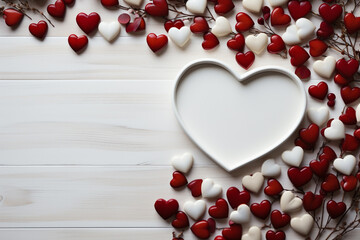 an empty photo frame, surrounded by red love and valentines decoration, mock-up, copy space