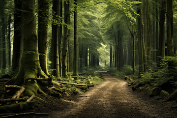 Forest in the morning with beautiful sun light for wallpaper, zoom meeting background and background