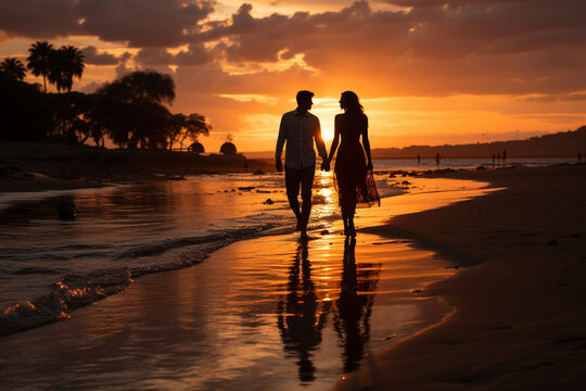 Couples in silhouette walking at the beach during sunset