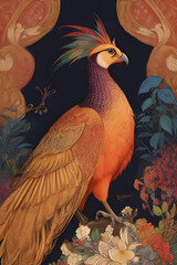 golden pheasant silk tapestry embroidery, bird art digital