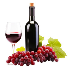 Red wine bottle and wine glass with wine grapes on a transparent background