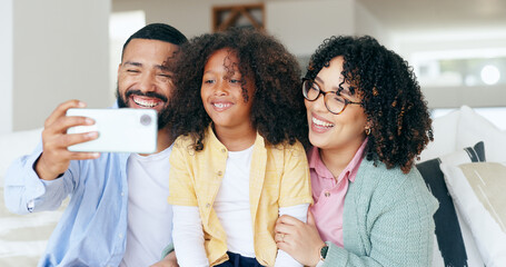 Happy family in selfie with kid in home, bonding together for love or memory on sofa. Photography,...