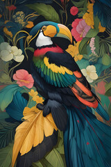 keel billed toucan silk tapestry embroidery, bird art digital