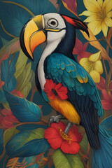 keel billed toucan silk tapestry embroidery, bird art digital