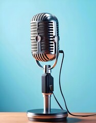 vintage microphone on the light blue background 