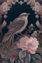 mockingbird silk tapestry embroidery, bird art digital