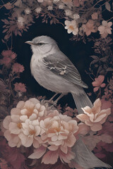 mockingbird silk tapestry embroidery, bird art digital
