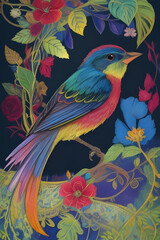 painted bunting silk tapestry embroidery, bird art digital