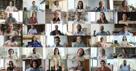 Lot of people take part in video conference talk using application. Modern tech usage for on-line communication, business teleconference, e-learning, pleasant conversation of young and mature people