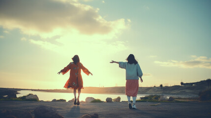 Fototapeta premium 海に向かって走る女性たち