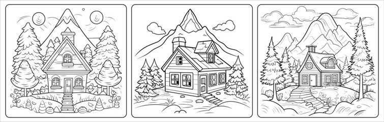 Naklejka premium Doodle house icons set on sketchbook style line art grid with trees, mountains, and landscape elements