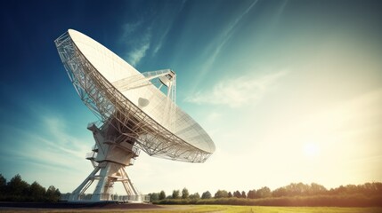 Huge radio telescope aimed directly into sky in middle of deserted desert catching signals. Large modern radio telescope aimed at sky catches signals and transmits to scientists for recognition