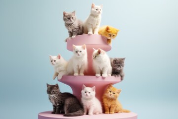 Pastel colored cat tree with playing cats Generative Ai