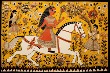 Traditional Madhubani style painting of a man on a horse on a textured background.