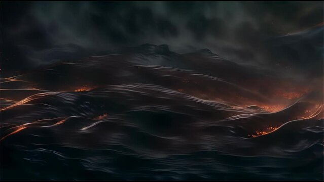 flame-like glimmers within a tumultuous sea, set against brooding clouds and fierce waves